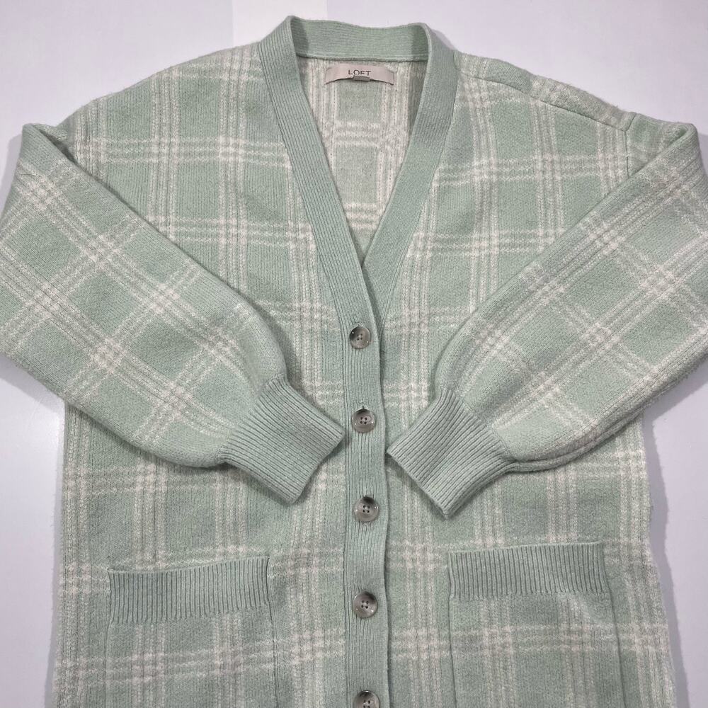 Loft Women's Button up Cardigan Mint Plaid Pattern Size Medium